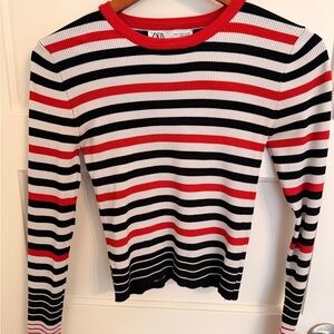 Zara Women's Long Sleeve Striped Top - Red, Black, White